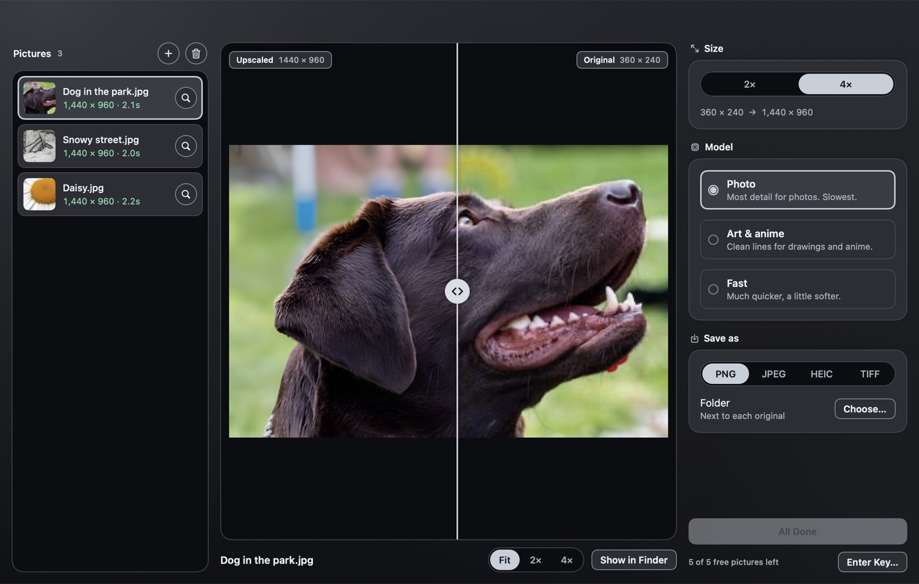 The Upsize window: a list of pictures, the before and after view, and the settings